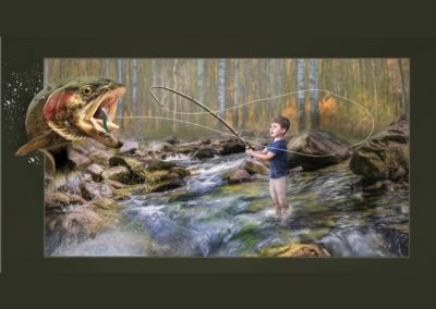 Creative Child Portrait. boy catching a huge fish