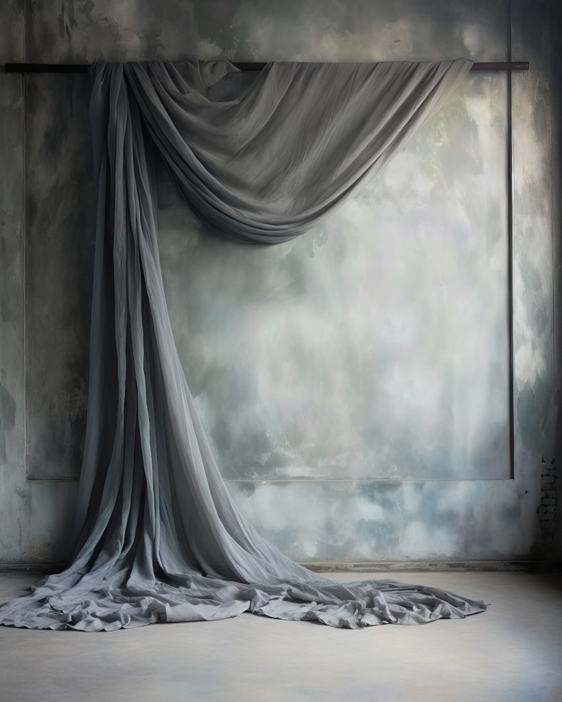 Hand painted charcoal plaster wall, window light, charcoal chiffon draped onto a concrete floor.