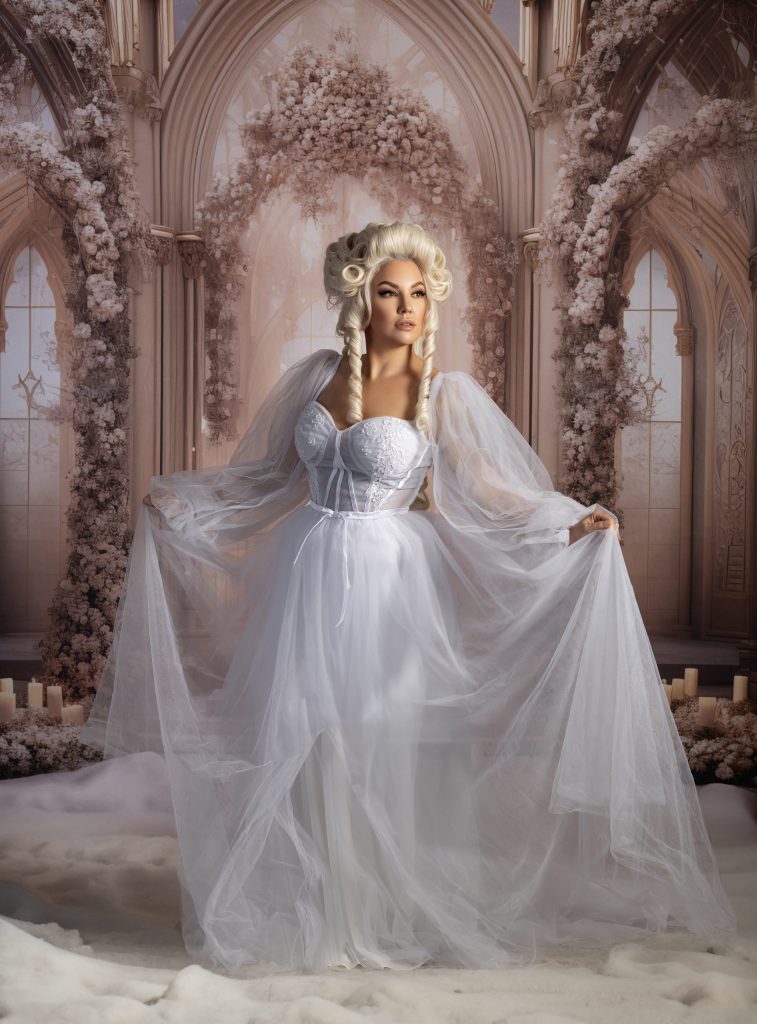 Elegant lady in white lace gown