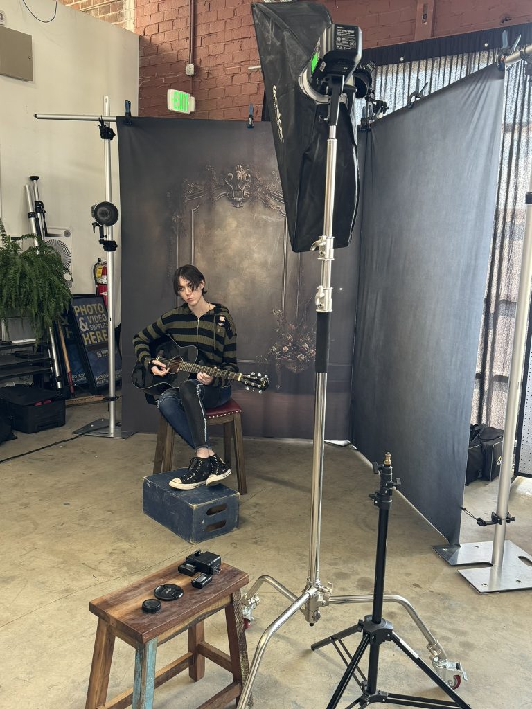 studio setup with a seamless corner with multiple backdrops