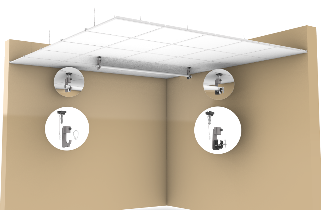 TogDrop® J Hook and Drop Ceiling Mounts installed on ceiling grid