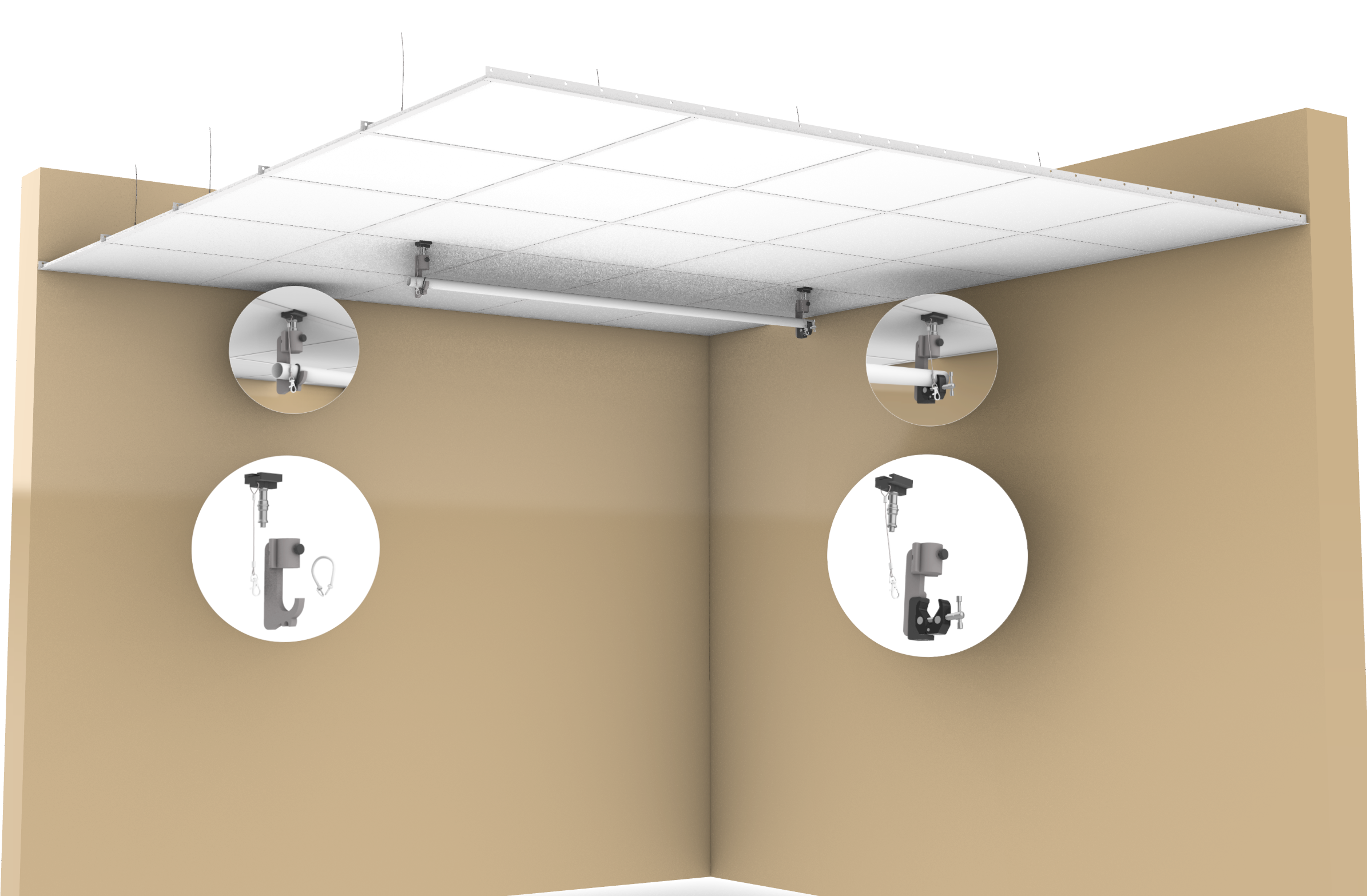 TogDrop® J Hook and Drop Ceiling Mounts installed on ceiling grid