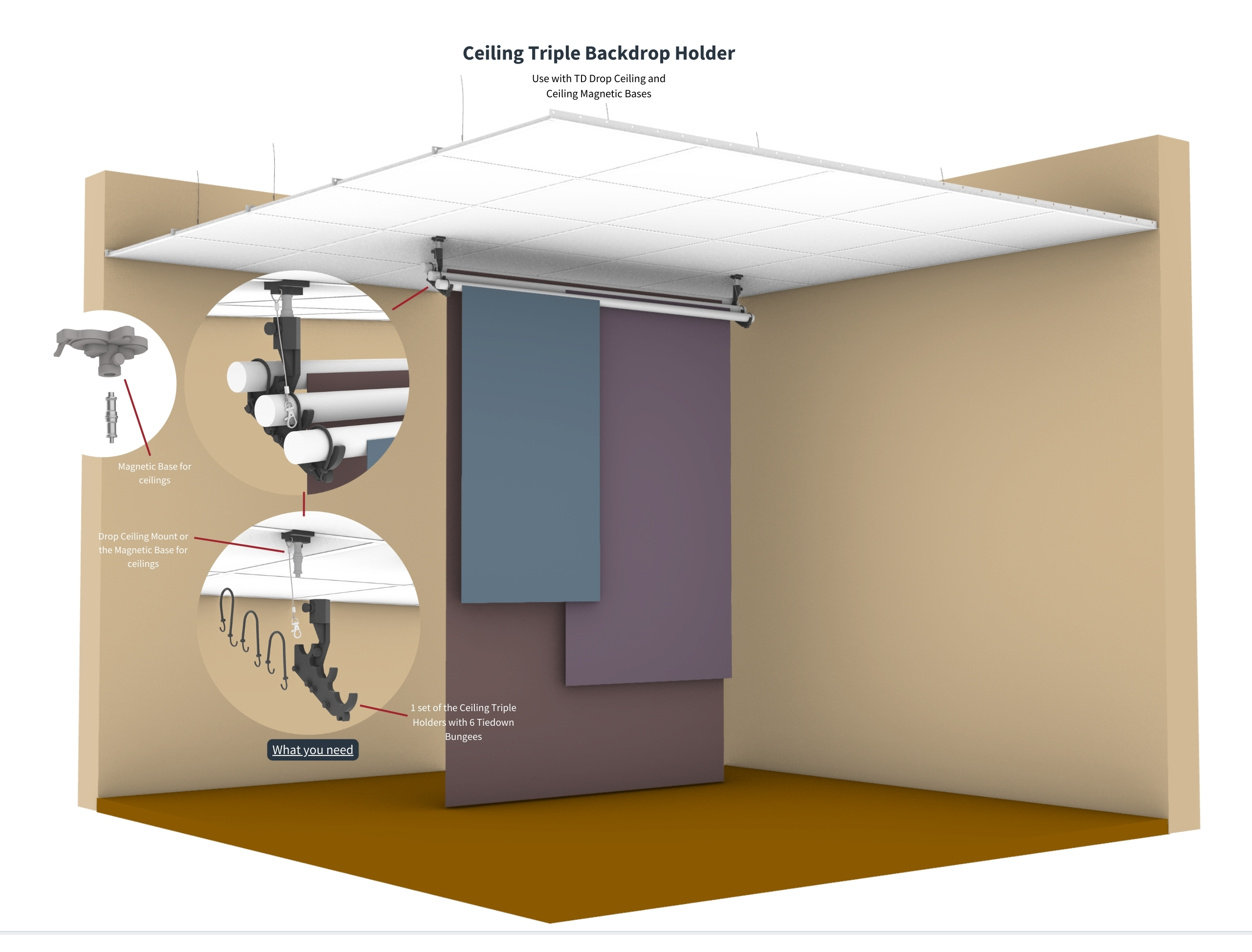 Ceiling Triple Backdrop Holder attached to TD Drop Ceiling Mounts and Magnetic Bases holding three crossbars