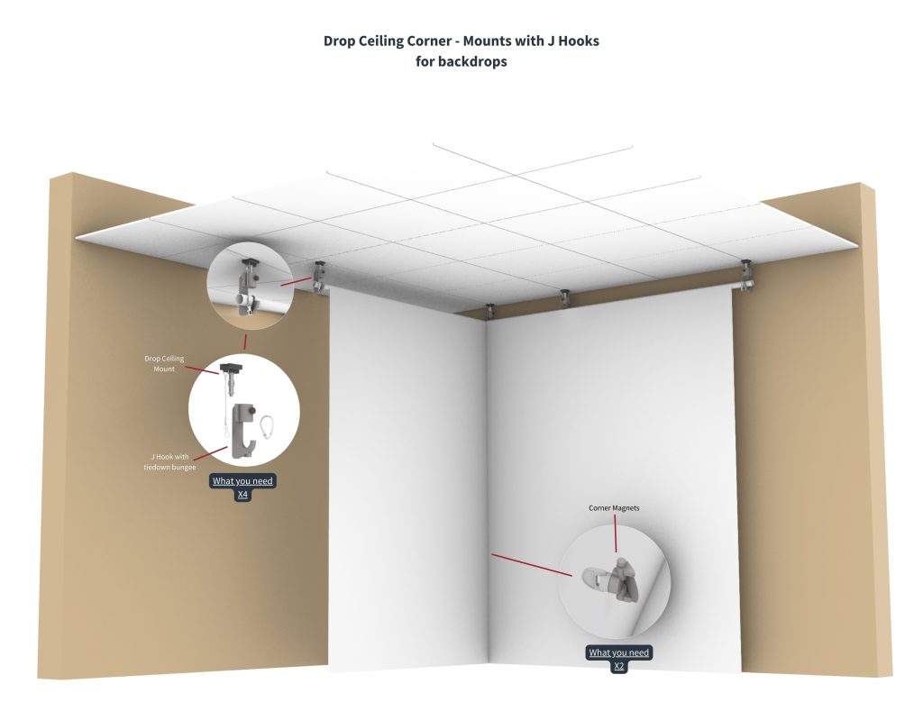 TogDrop Drop Ceiling Corner System mounted to ceiling grid with two backdrop crossbars