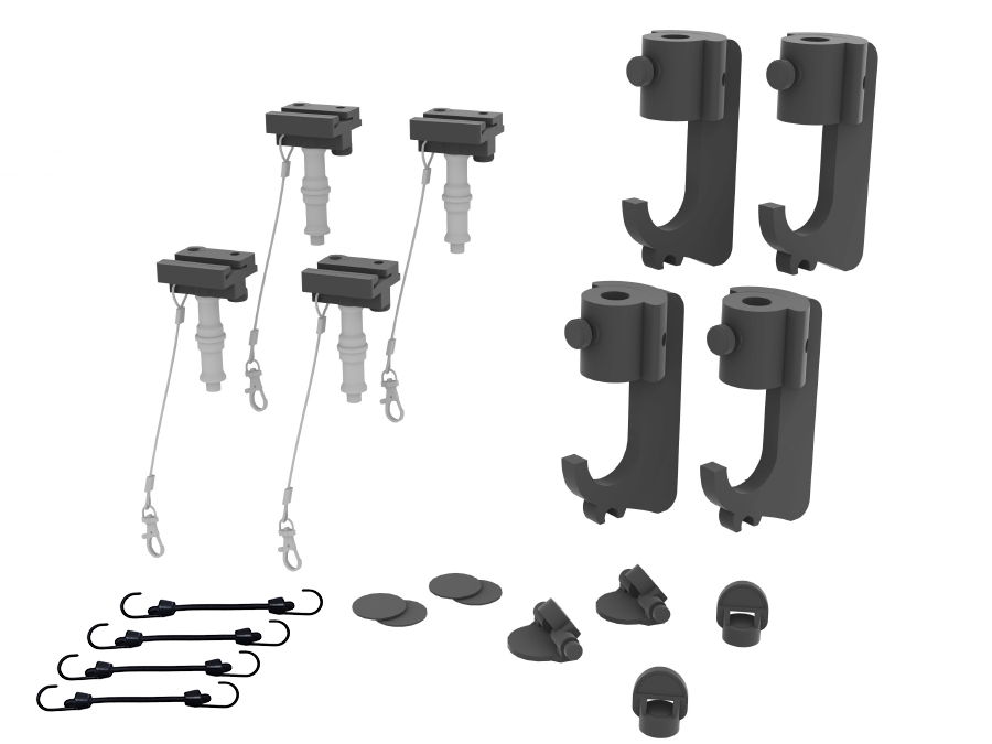 TogDrop® Drop Ceiling Corner System showing the required parts including four J-hook ceiling mounts for crossbars