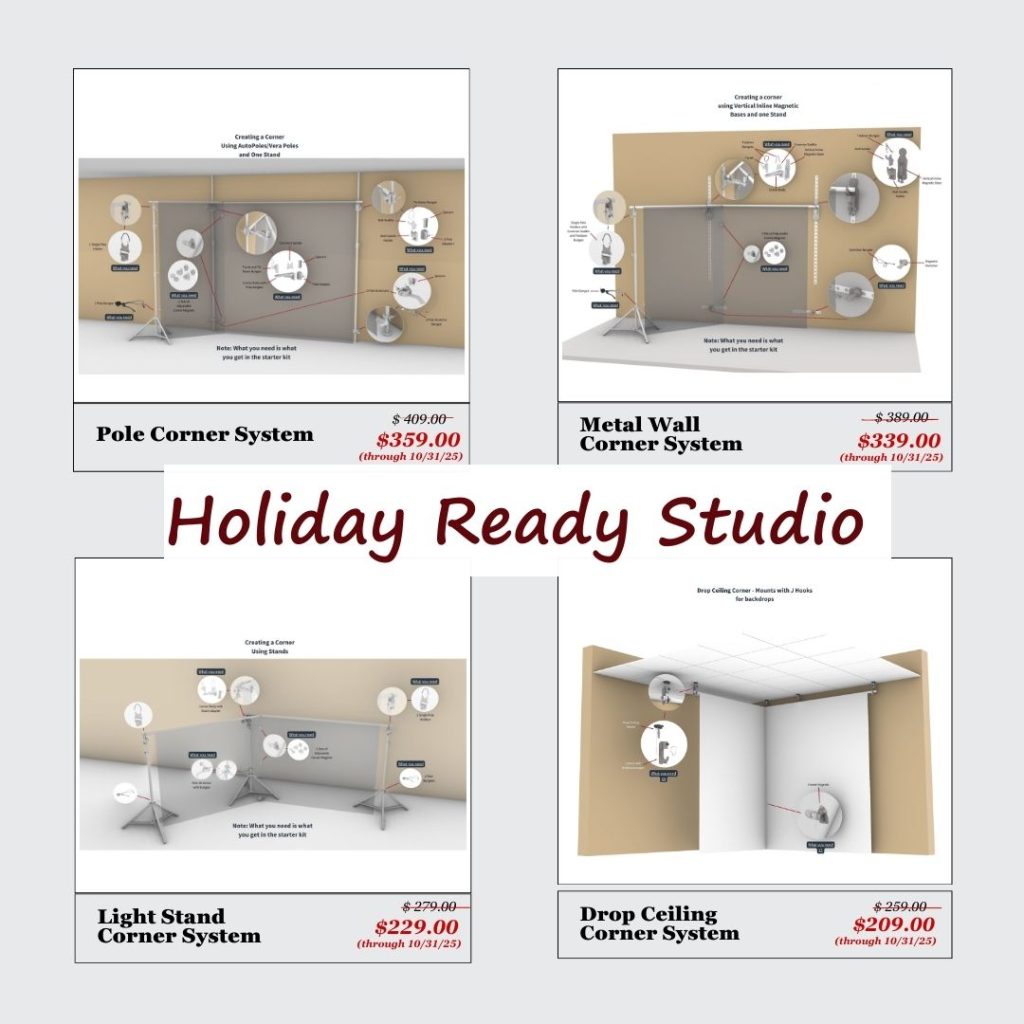 Graphic of four TogDrop Systems on sale , Metal Wall Corner System, Pole Corner System, Light Stand Corner System, and Drop Ceiling Corner System — designed for faster, space-saving studio setups