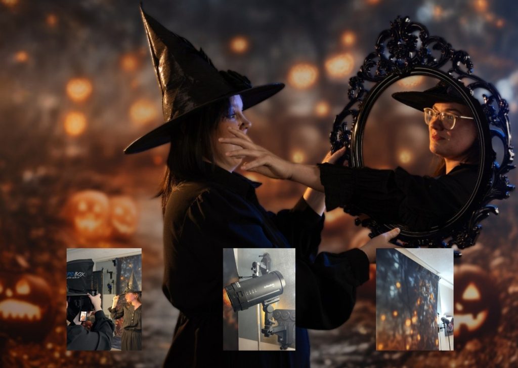 Halloween Photo Shoot with girl reaching through mirror frame and both in witch costumes