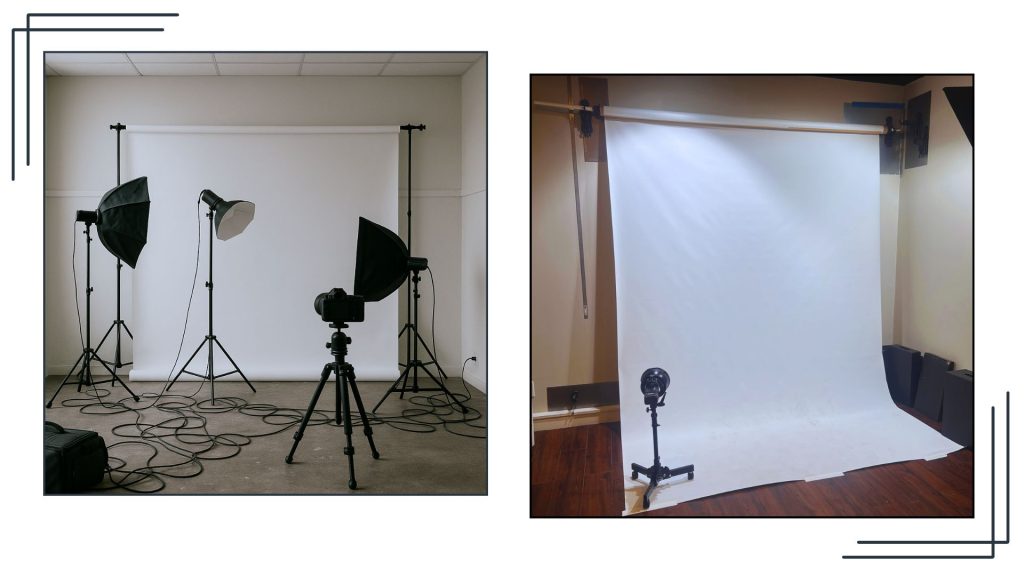 3. Before and after studio transformation from cluttered setup to professional space.