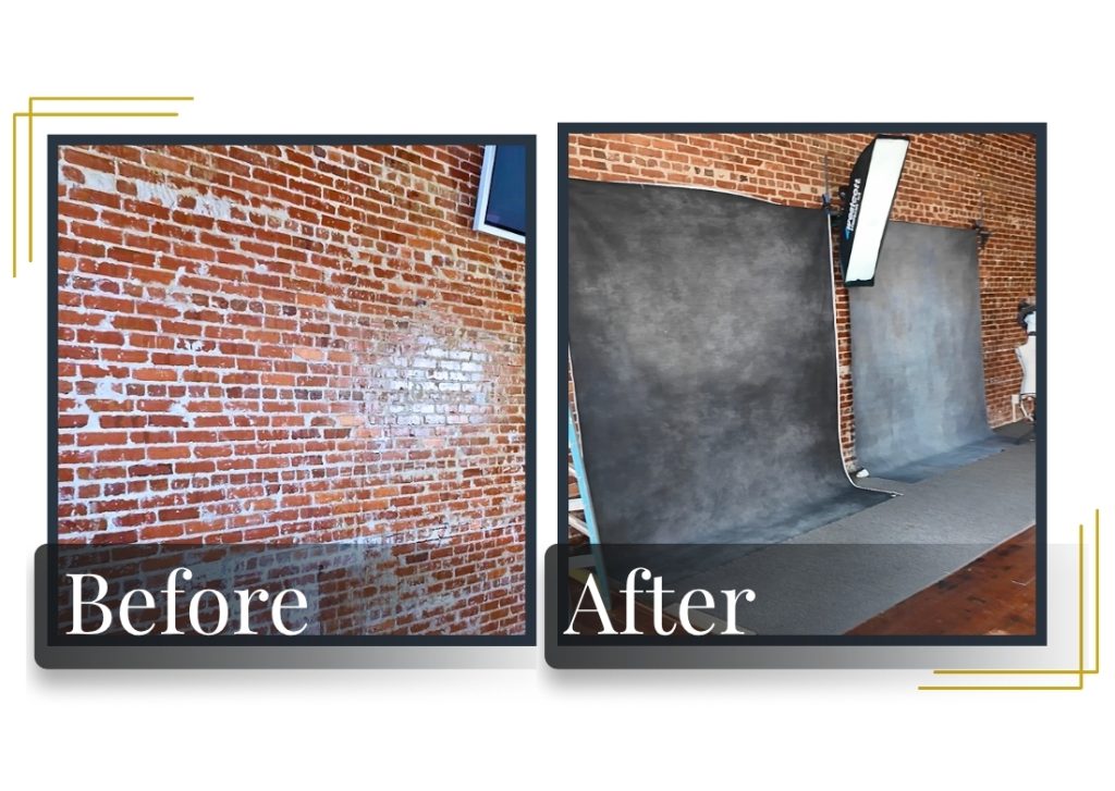 Wall-mounted backdrop system allowing multiple backdrops in a small photography studio.