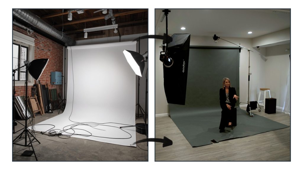Side by side view of a crowded studio and a TogDrop organized studio that supports faster workflow and better photographer self care.