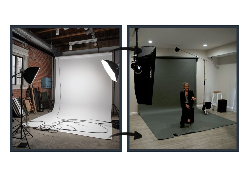Side by side view of a crowded studio and a TogDrop organized studio that supports faster workflow and better photographer self care.