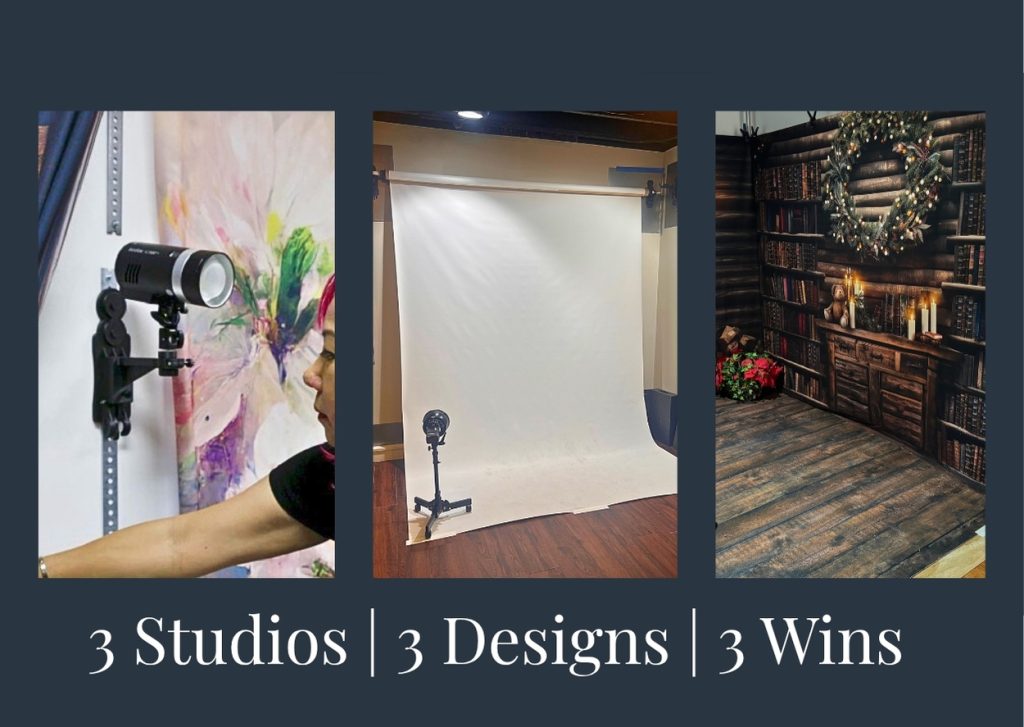 Small photography studio layout with multiple backdrops on wall system.