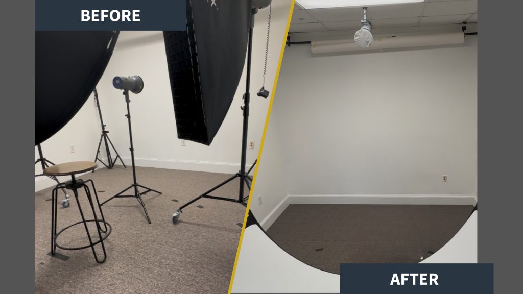 Before-and-after comparison of cluttered vs organized studio