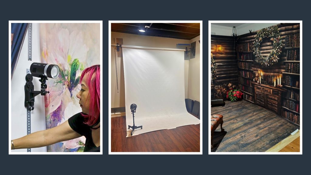 Wall-mounted lighting and backdrop setup maximizing space