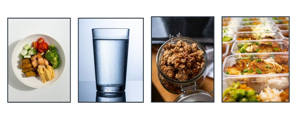 Healthy food and water prepared for a photographer who wants steady energy during the holiday mini season.