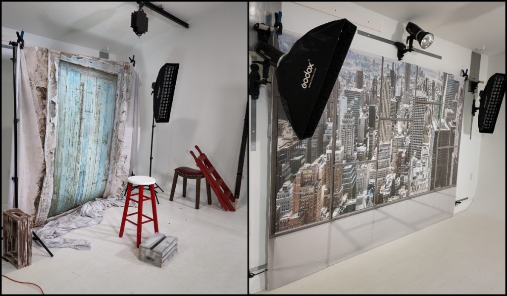 Photographer organizing props and equipment in a small studio space