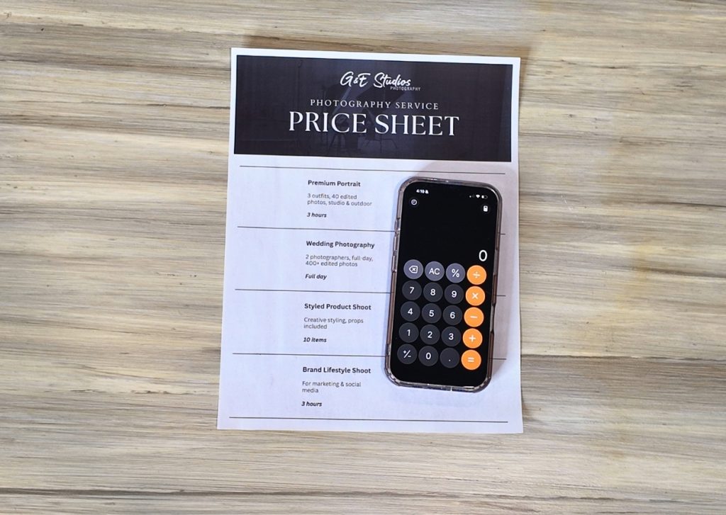 photography pricing planning with calculator and pricing sheet