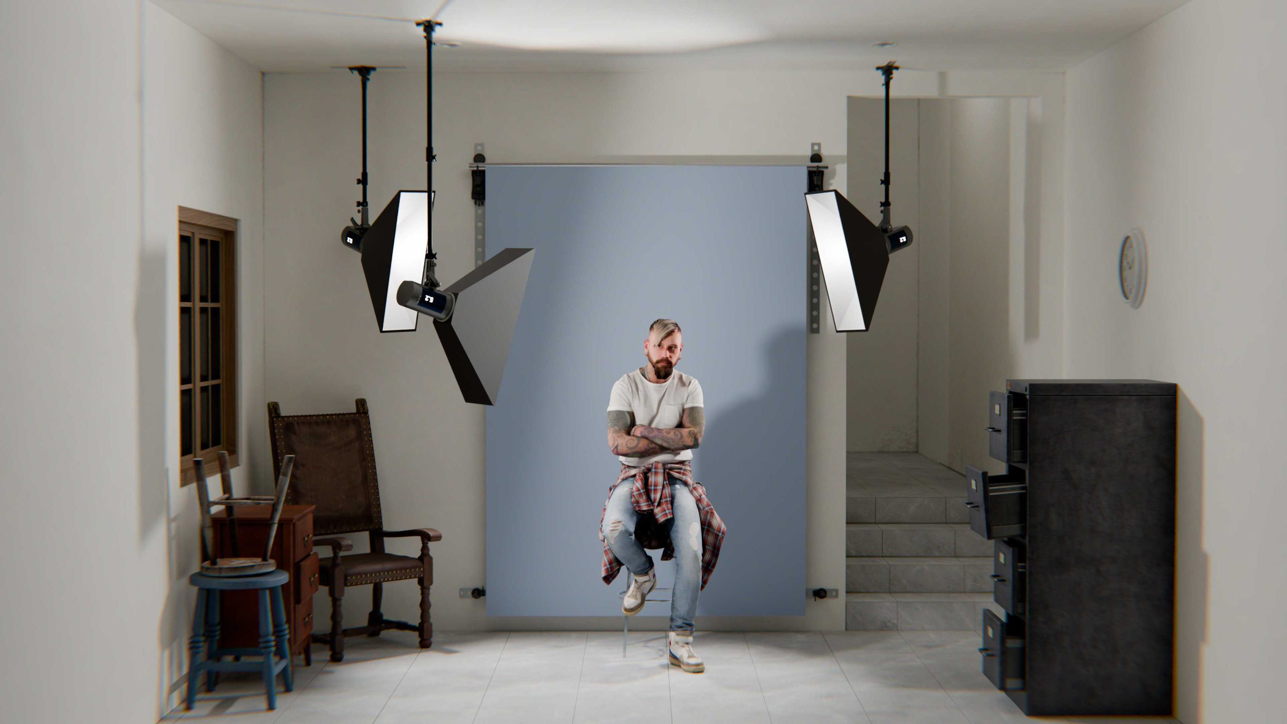 photography studio with lights hanging from a drop ceiling or drywall ceiling