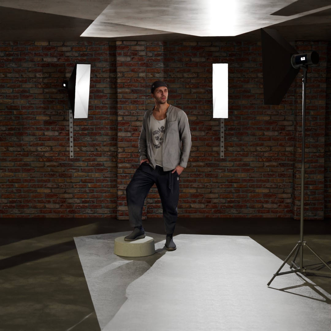 Photography studio with kicker lights on a brick wall