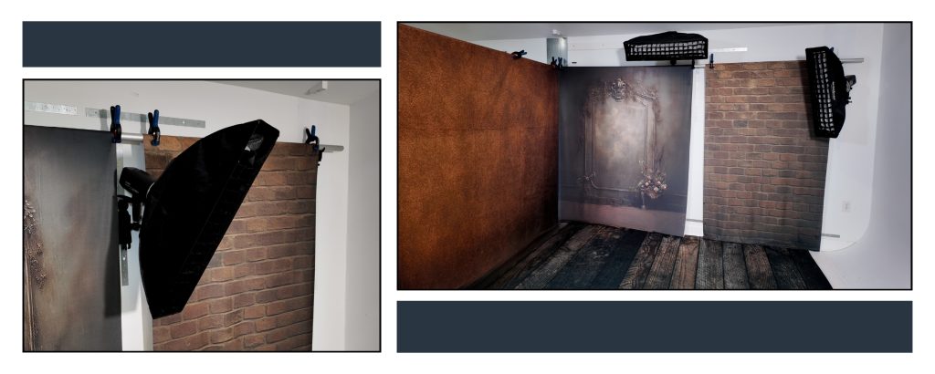 Photography studio setup with corner backdrop and lighting designed for creative experimentation