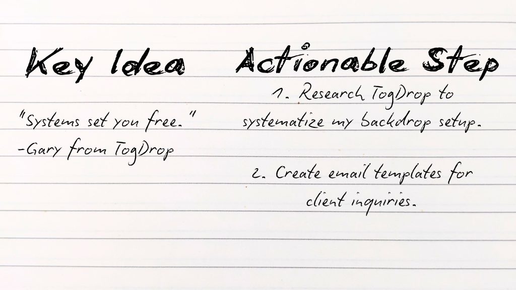 Open notebook at a photography conference showing a two column note system with key ideas and action steps