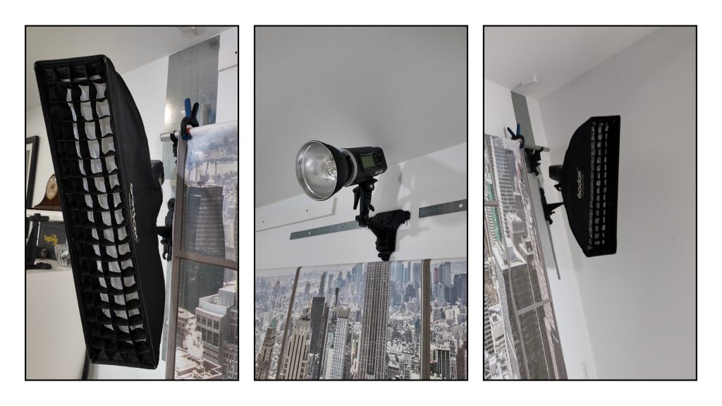 Wall mounted lighting setup for intimate couples portraits