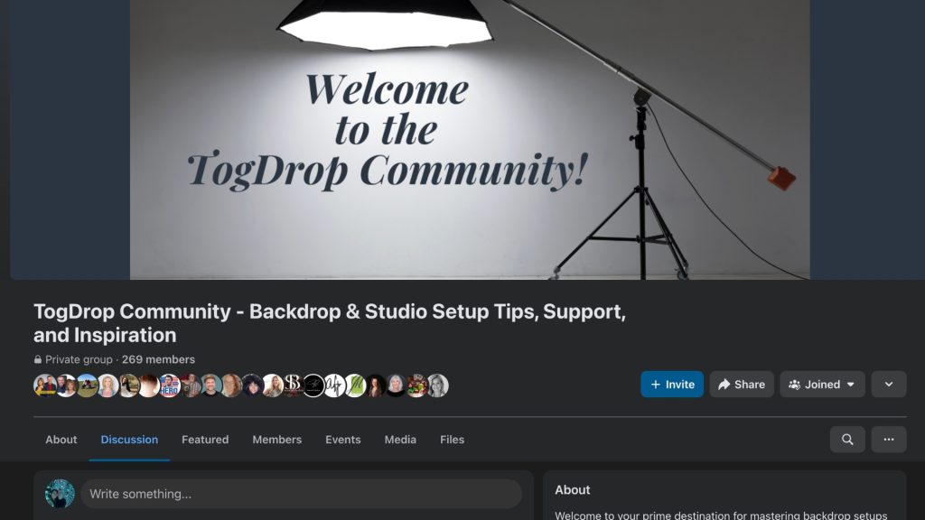 TogDrop private photography Facebook community page focused on studio systems and workflow support