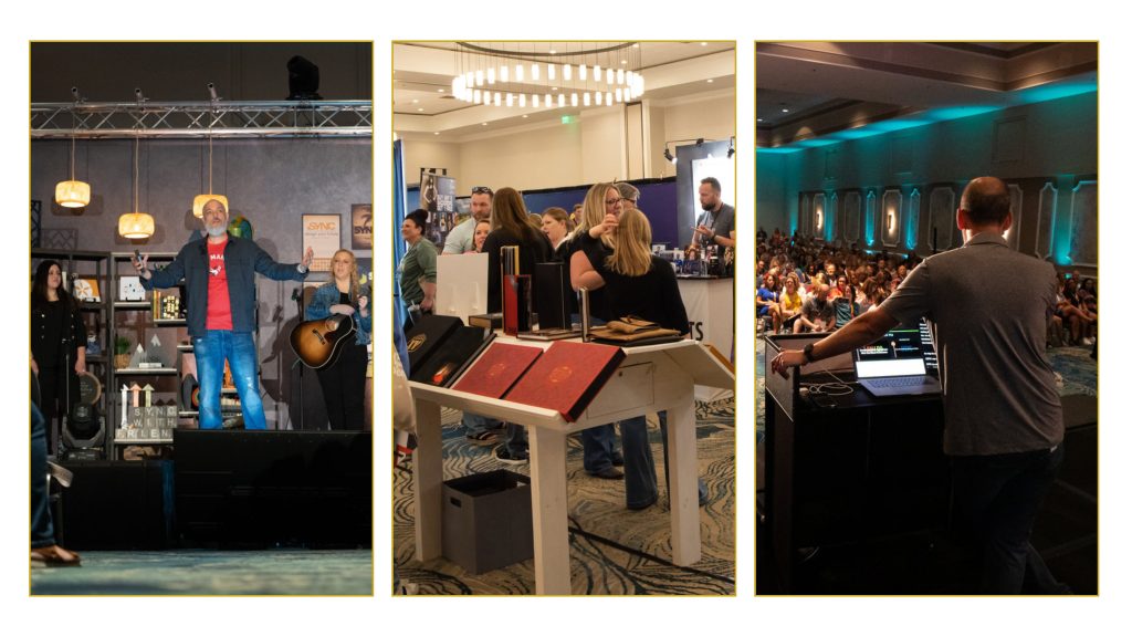 three images from the Sync photography conference website shows speakers, photographers attending sessions and tradeshow floor