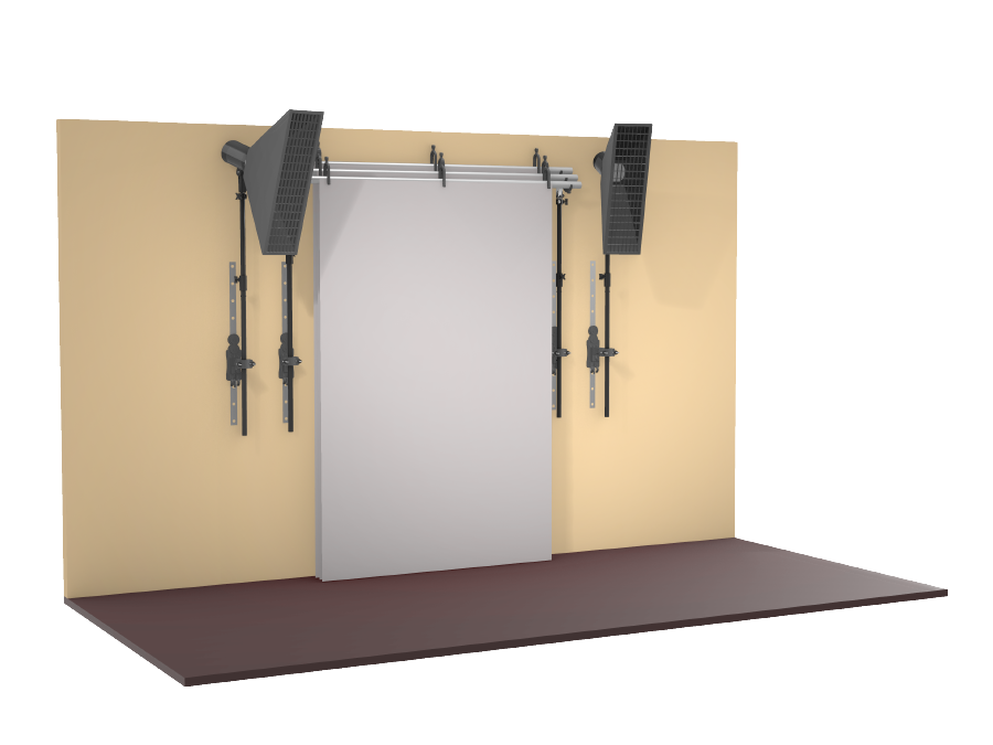 StandFree no-ladder backdrop system attached to pole setup with adjustable extension rods for backdrop positioning