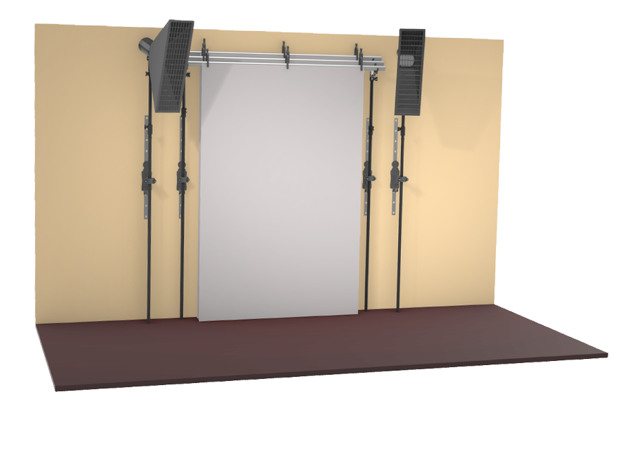 StandFree no-ladder backdrop system holding backdrop with adjustable height control