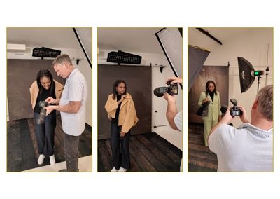 Photographer interacting with client during portrait session demonstrating strong client experience photography