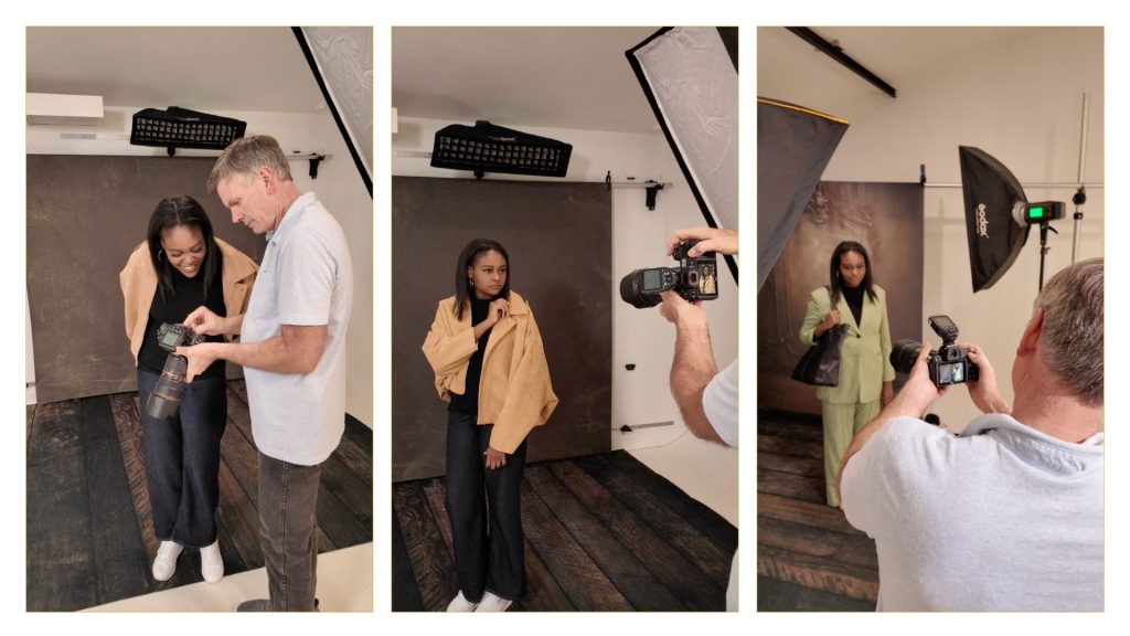 Photographer guiding relaxed client during portrait session in a calm photography studio environment