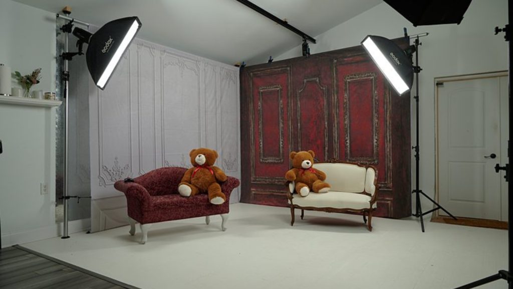 orner backdrop setup using two walls in small photography studio