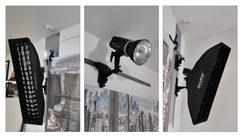 hair light and kicker lights mounted in studio using modular lighting system