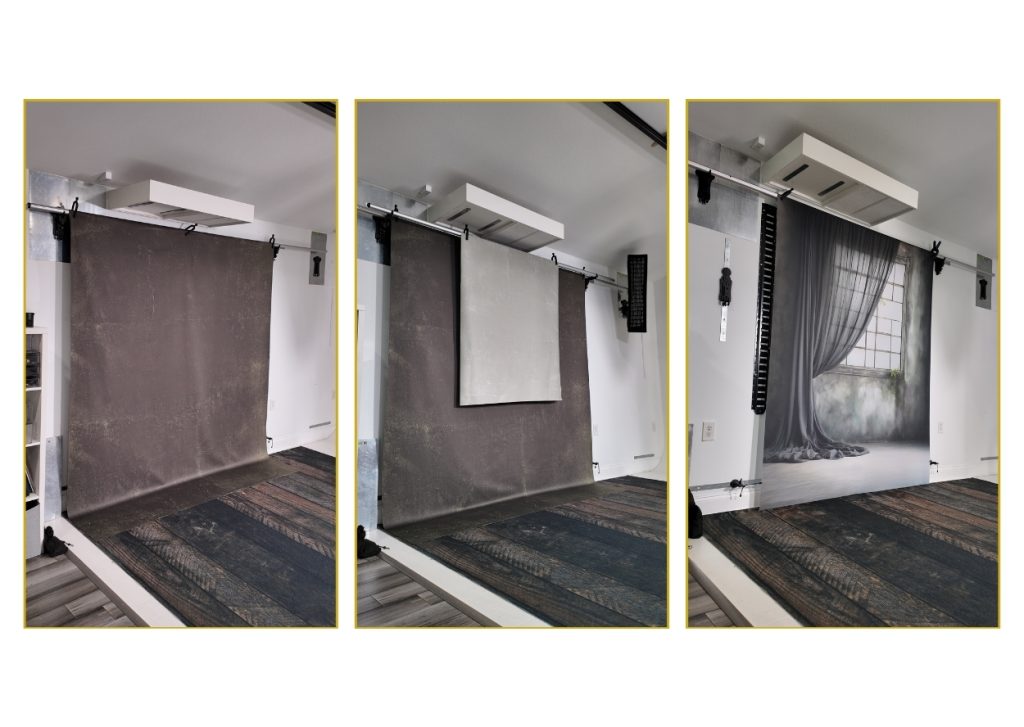 modular photography studio showing multiple backdrop setups in one space