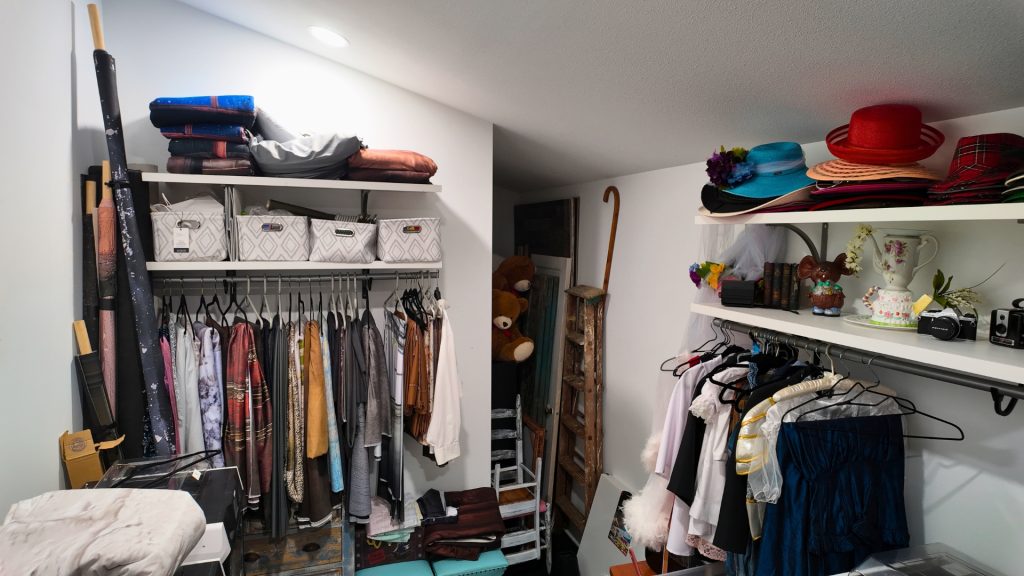 organized photography studio with neatly stored props and accessories