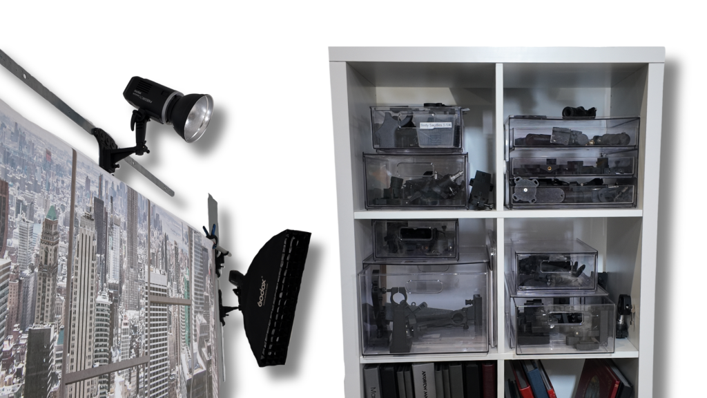 organized photography studio setup with modular backdrop system and storage containers