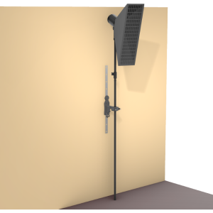 StandFree no-ladder lighting system mounted to wall with adjustable extension rods holding studio light