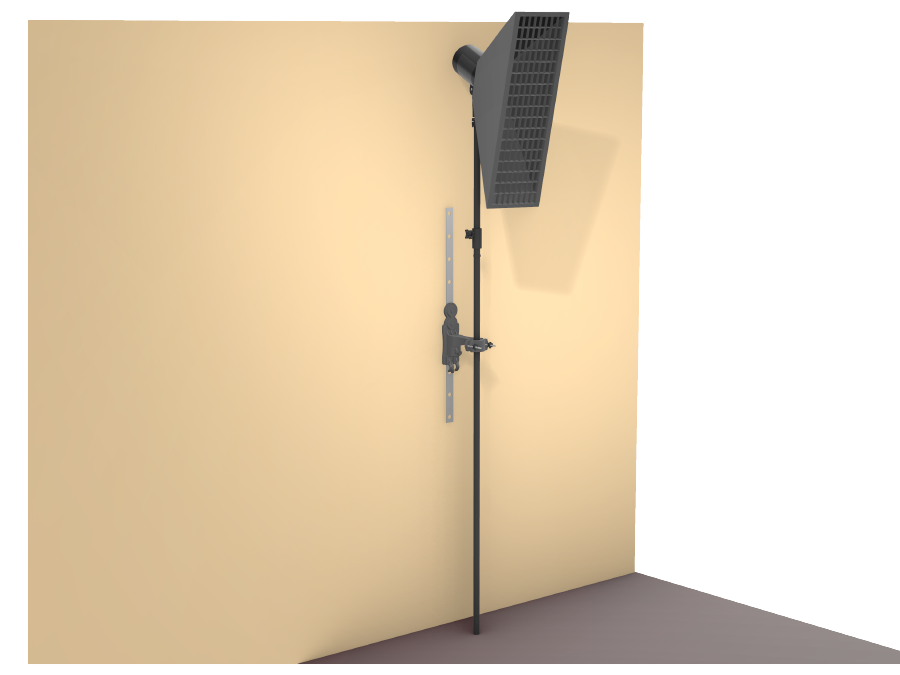 StandFree no-ladder lighting system mounted to wall with adjustable extension rods holding studio light