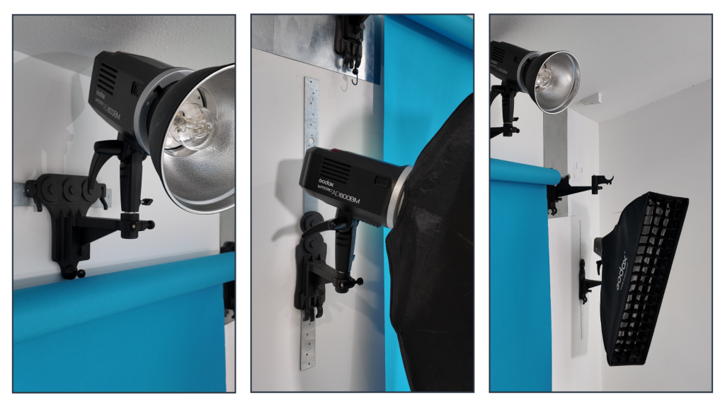 collage showing modular backdrop and lighting system in clean organized photography studio