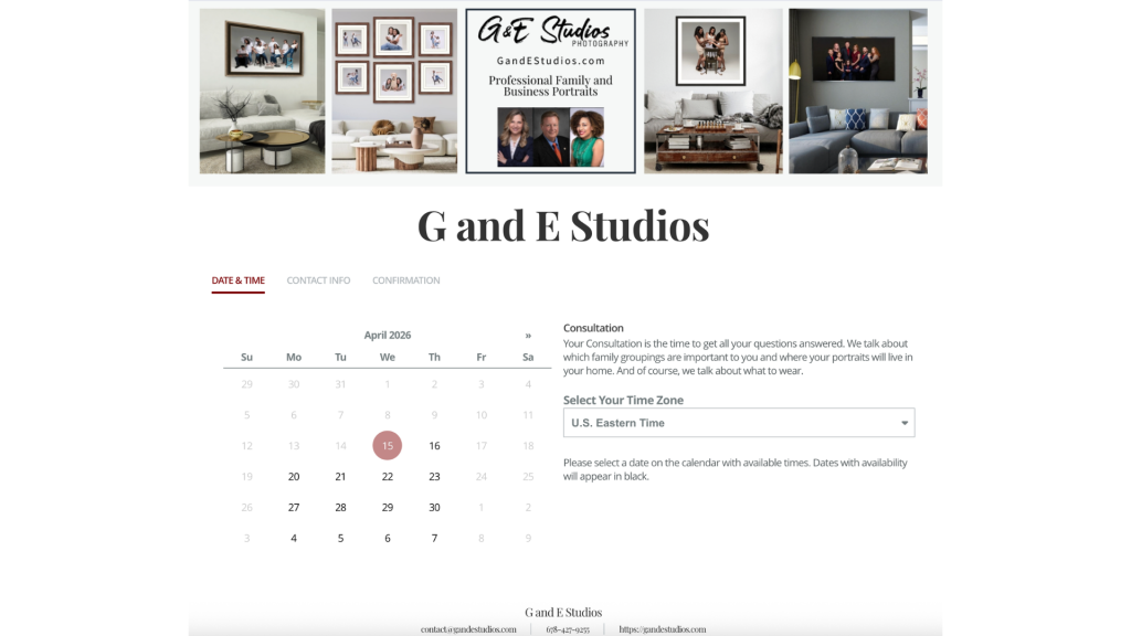 photography booking page showing clean studio preview images