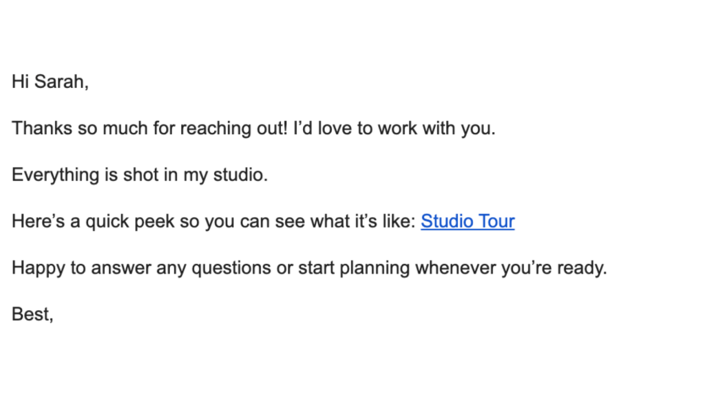photography inquiry email including studio tour link to build trust