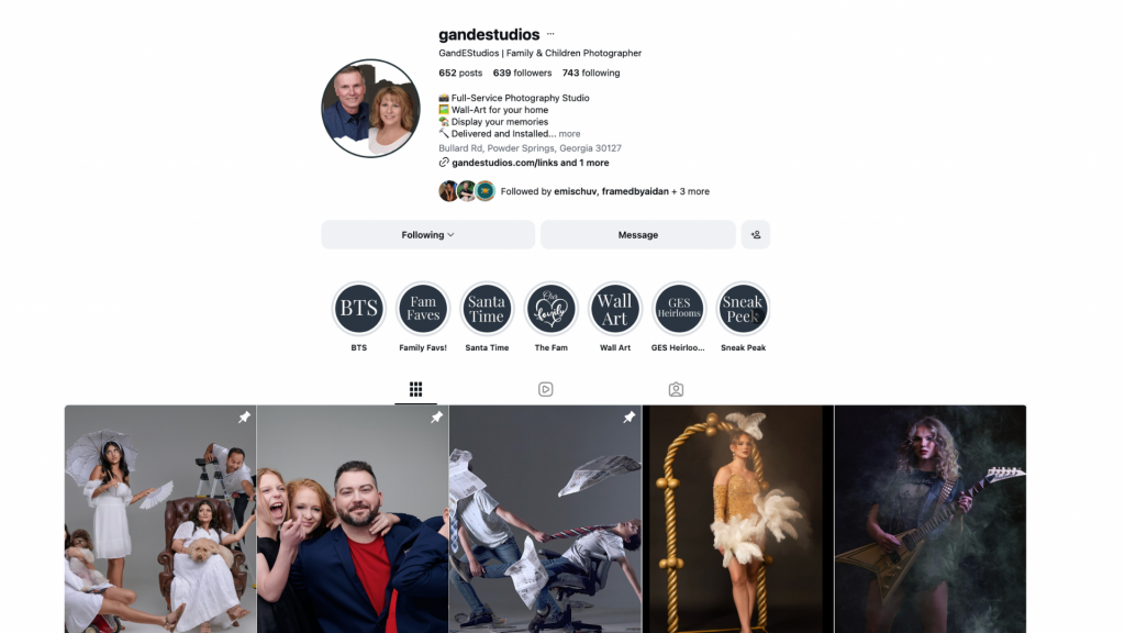 photography instagram feed showing behind the scenes studio setup