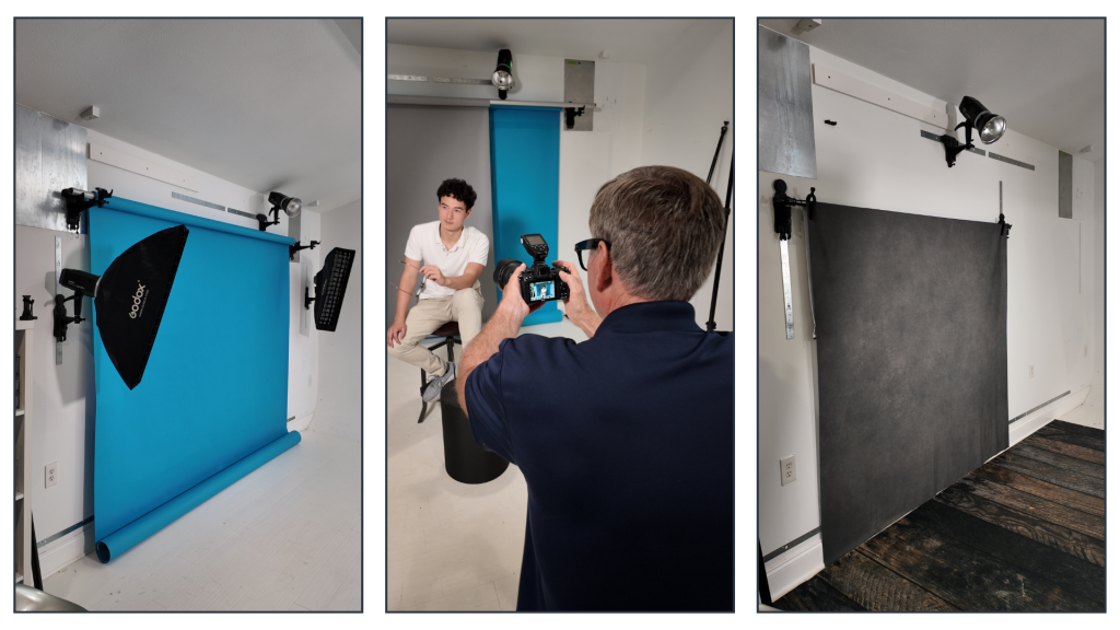 Wall mounted modular backdrop system in a clean organized photography studio