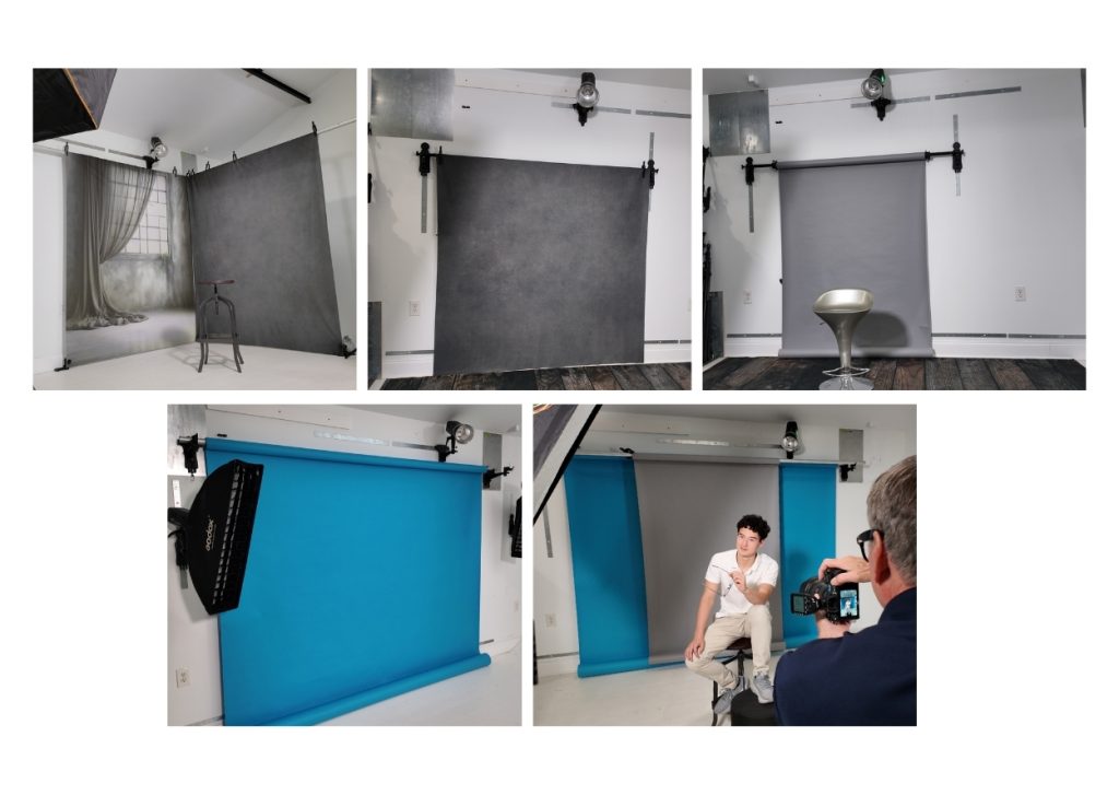 Senior portrait studio showing five different backdrop looks using one system