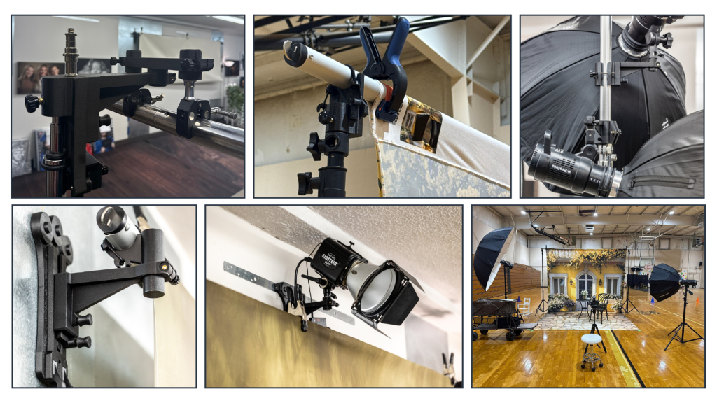 Collage showing TogDrop modular backdrop systems, lighting mounts, and organized photography studio setups.