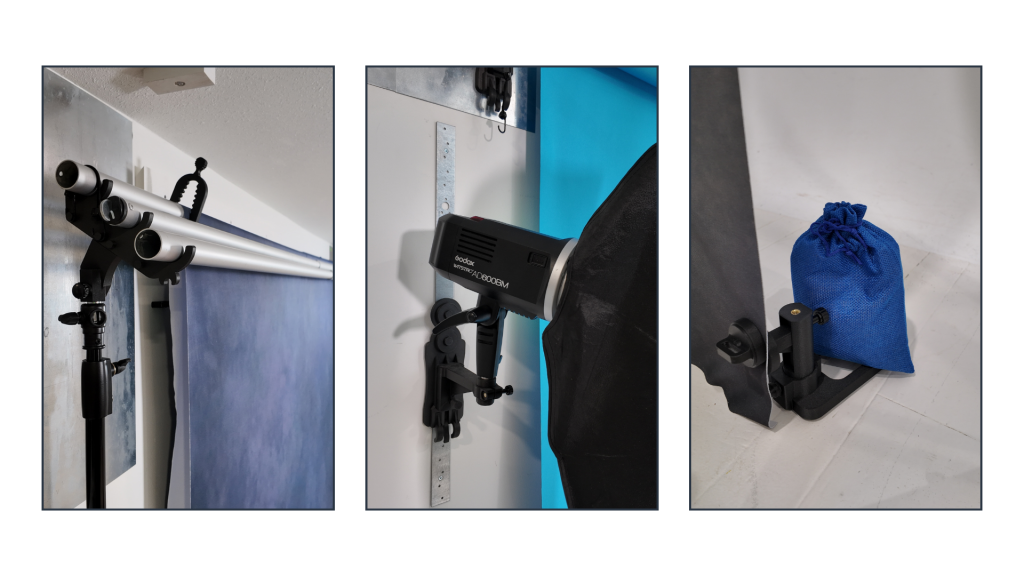 Close-up details of the TogDrop photography studio system showing backdrop support, mounted lighting, and organized workflow components