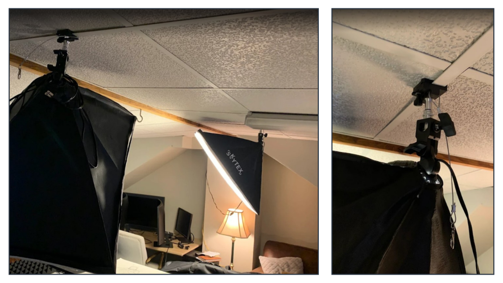 Small home photography studio using TogDrop ceiling-mounted lighting solutions to free floor space.