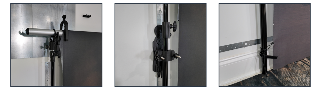 Close-up details of the TogDrop StandFree backdrop mounting system and extension rod hardware.