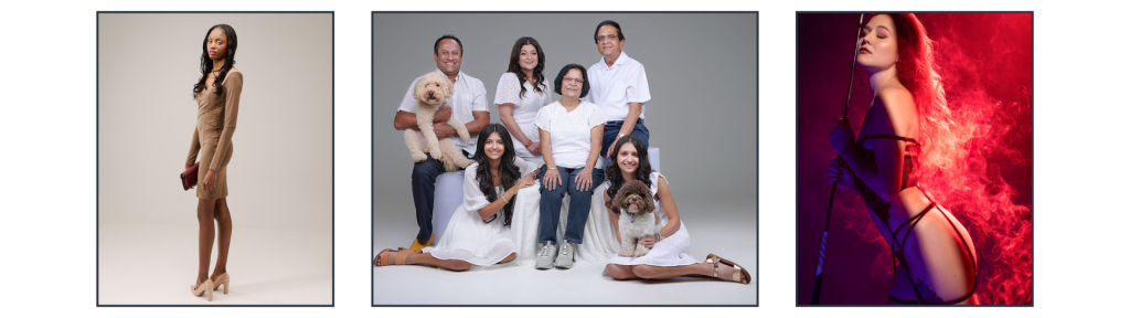 Fashion portrait, family portrait, and dramatic boudoir image showing different photography styles in one studio